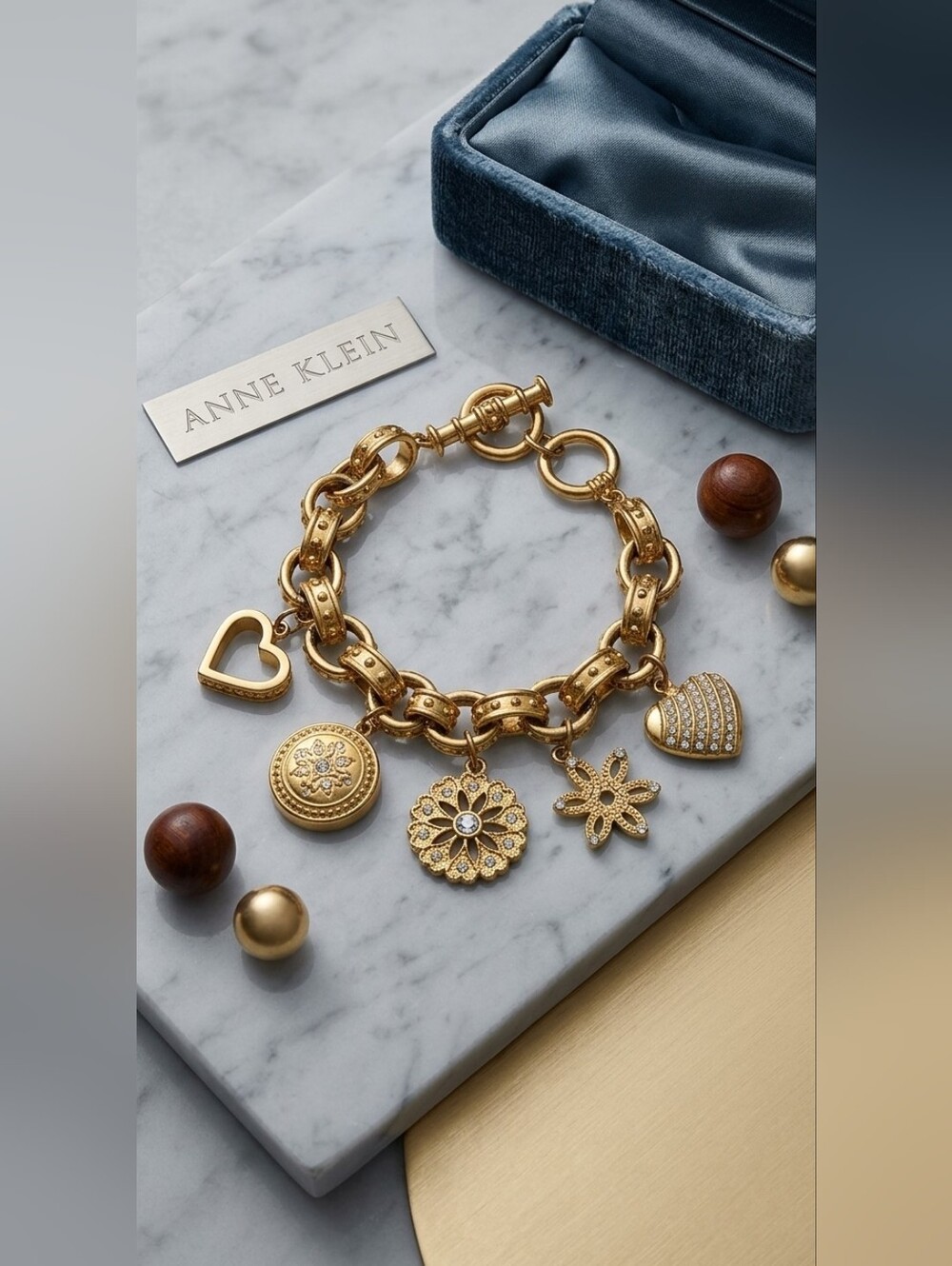 Anne Klein Vintage Gold Tone Charm Bracelet with Heart Watch & Floral Charms - Picture 4 of 15